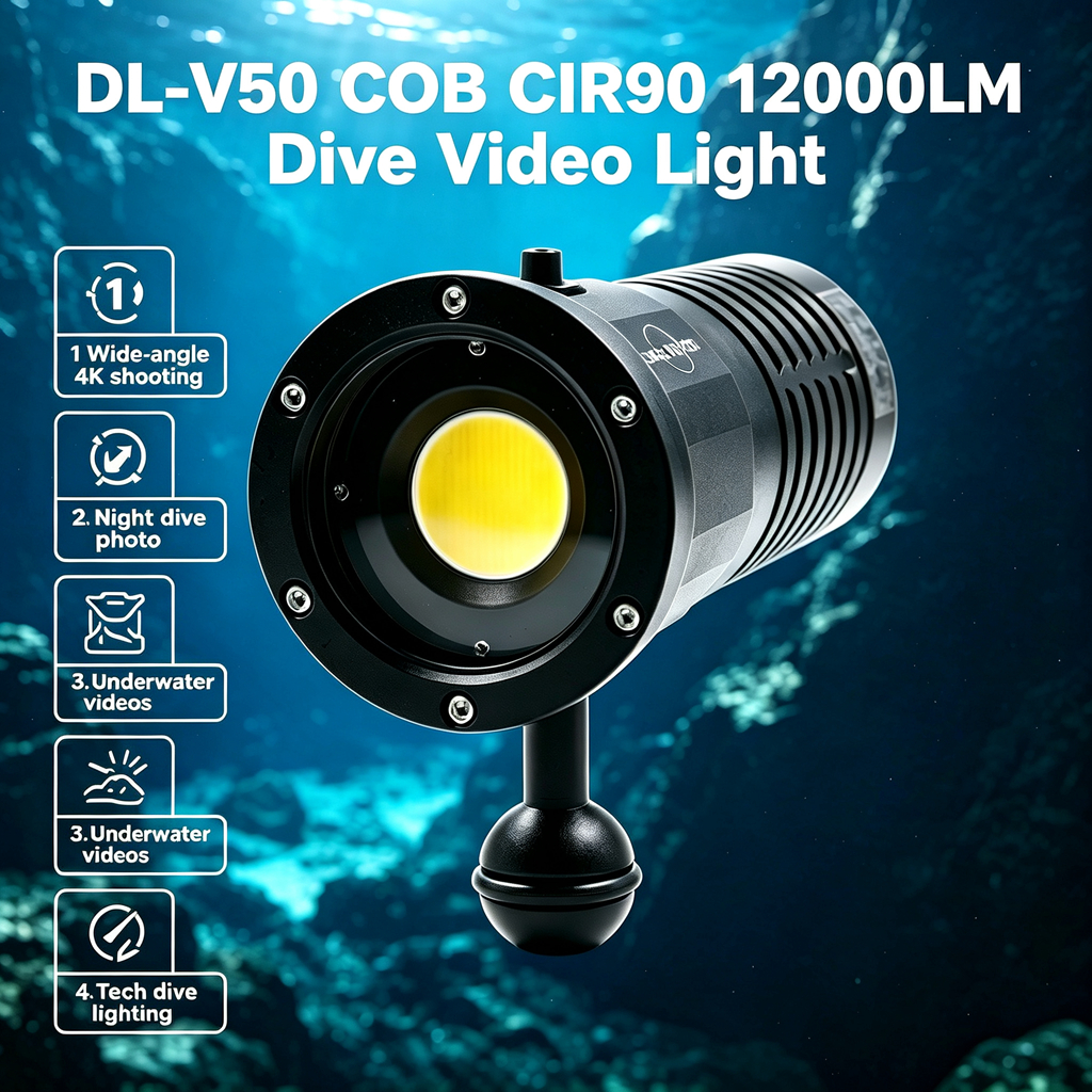 PROZHAOZHU DL-V50 12000LM COB CIR90 Wide Angle Dive Video Light IP68 150M Rechargeable Underwater Photo Fill Lamp