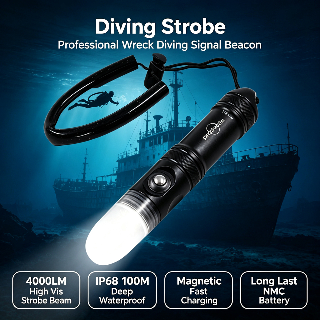 Prozhaozhu DL-XS06 4000LM Rechargeable 21700 Battery LED Dive Strobe Signal Light, IP68 100M Underwater Light for Wreck Diving